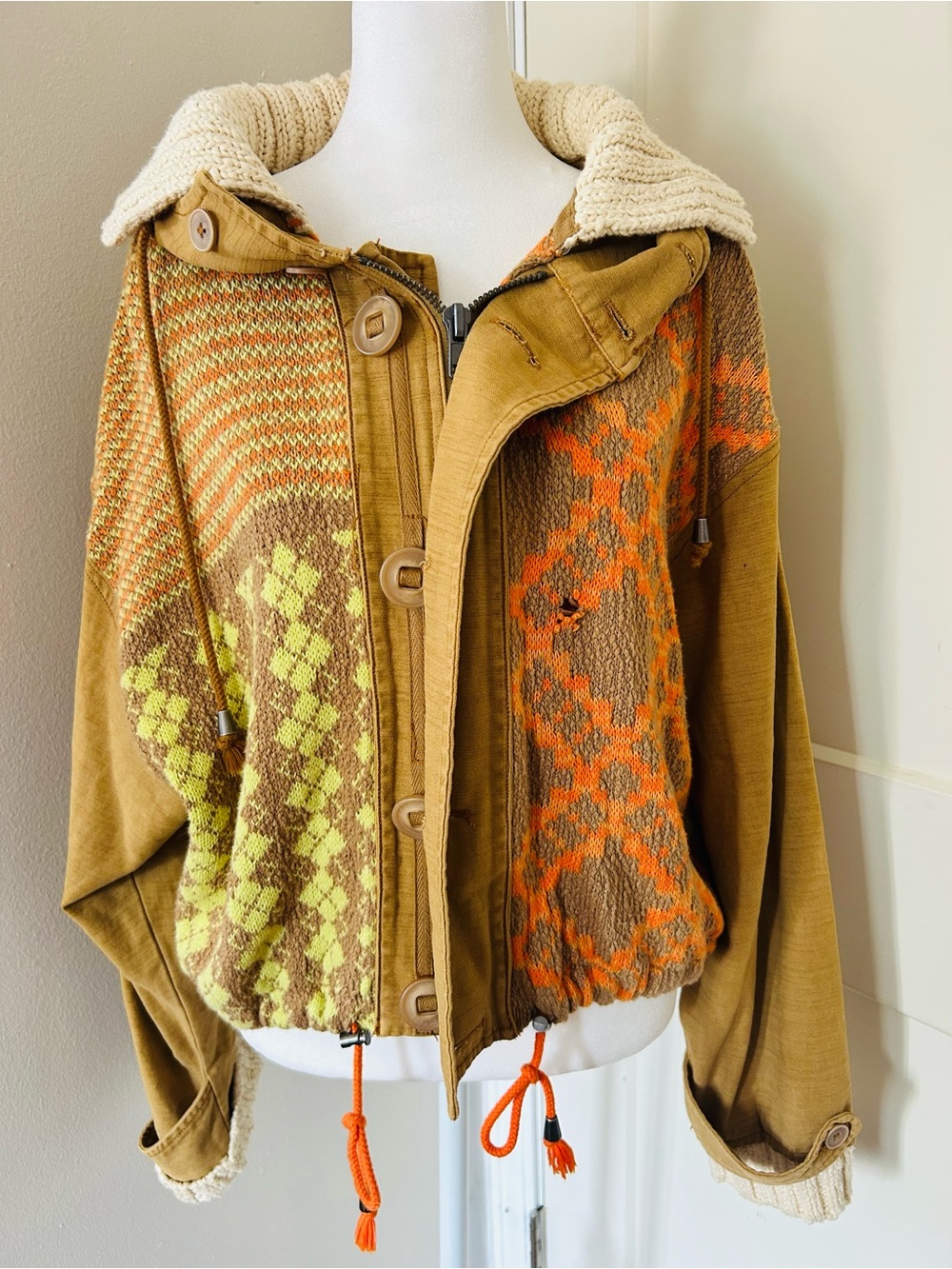 Free People Olive Knit-Panel Hooded Jacket medium